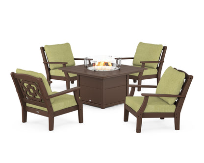 Martha Stewart by POLYWOOD® Chinoiserie 5-Piece Deep Seating Set with Fire Pit Table in Mahogany / Chartreuse Boucle