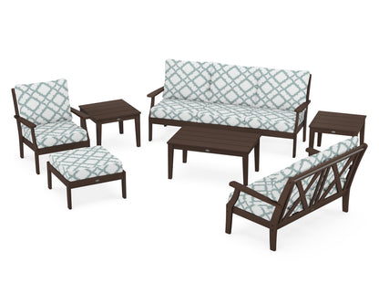 POLYWOOD® Braxton 7-Piece Deep Seating Set in Mahogany / Trellis Glacier Spa
