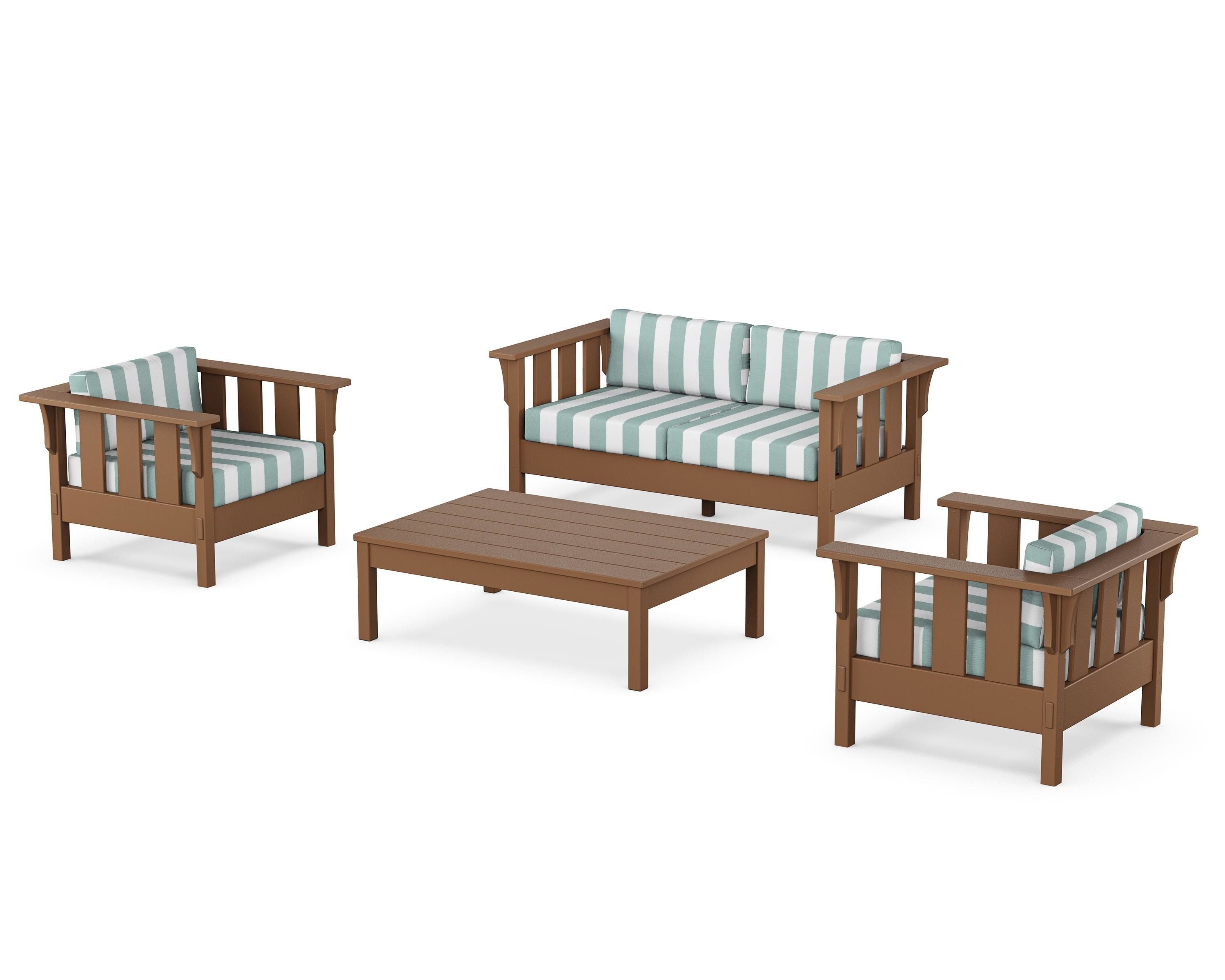 Martha Stewart by POLYWOOD® Acadia 4-Piece Deep Seating Set with Loveseat in Teak / Cabana Stripe Glacier Spa