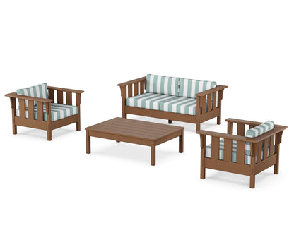 Martha Stewart by POLYWOOD® Acadia 4-Piece Deep Seating Set with Loveseat in Teak / Cabana Stripe Glacier Spa