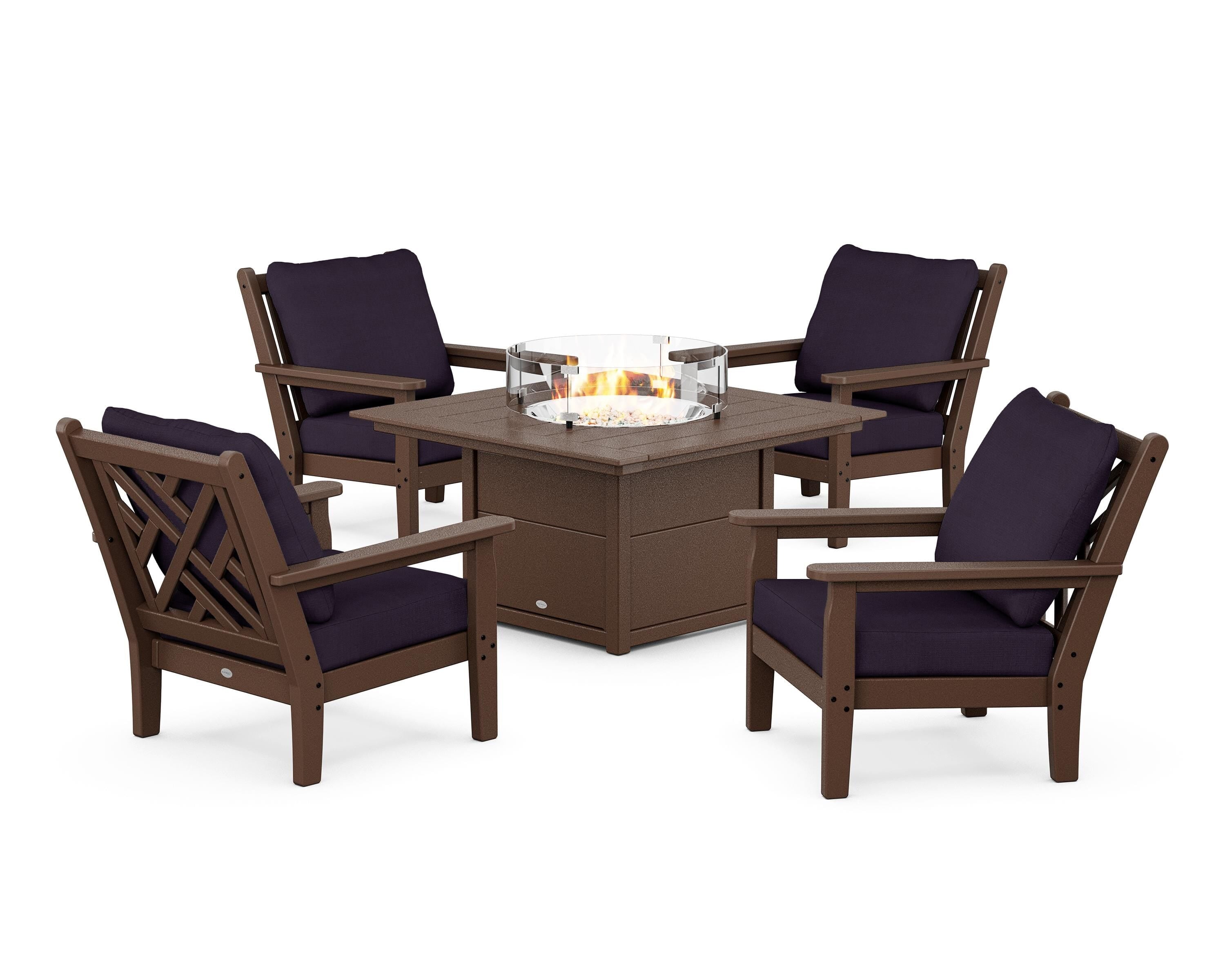 POLYWOOD® Chippendale 5-Piece Deep Seating Set with Fire Pit Table in Mahogany / Navy Linen