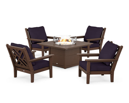 POLYWOOD® Chippendale 5-Piece Deep Seating Set with Fire Pit Table in Mahogany / Navy Linen
