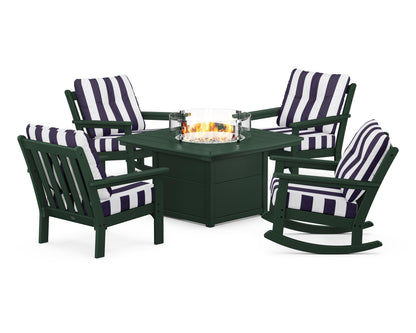 POLYWOOD® Vineyard 5-Piece Deep Seating Rocking Chair Conversation Set with Fire Pit Table in Green / Cabana Stripe Navy