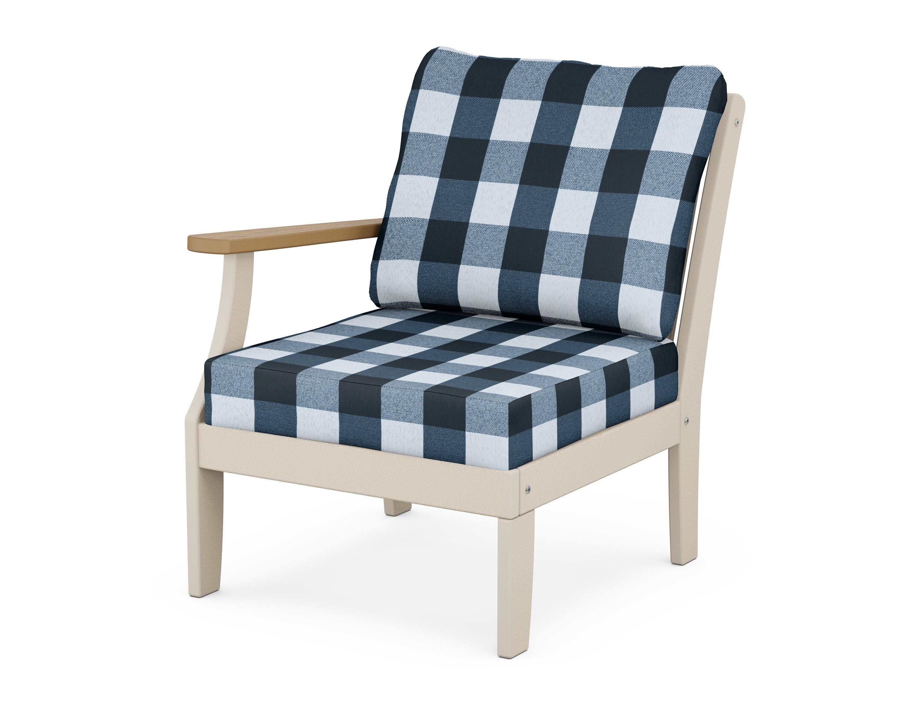 POLYWOOD® Braxton Modular Left Arm Chair in Sand / Natural / Buffalo Plaid Marine Indigo