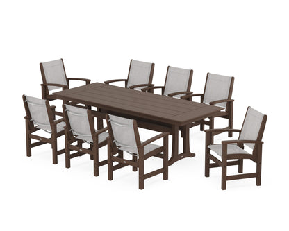 POLYWOOD® Coastal 9-Piece Farmhouse Dining Set with Trestle Legs in Mahogany / Parchment Sling