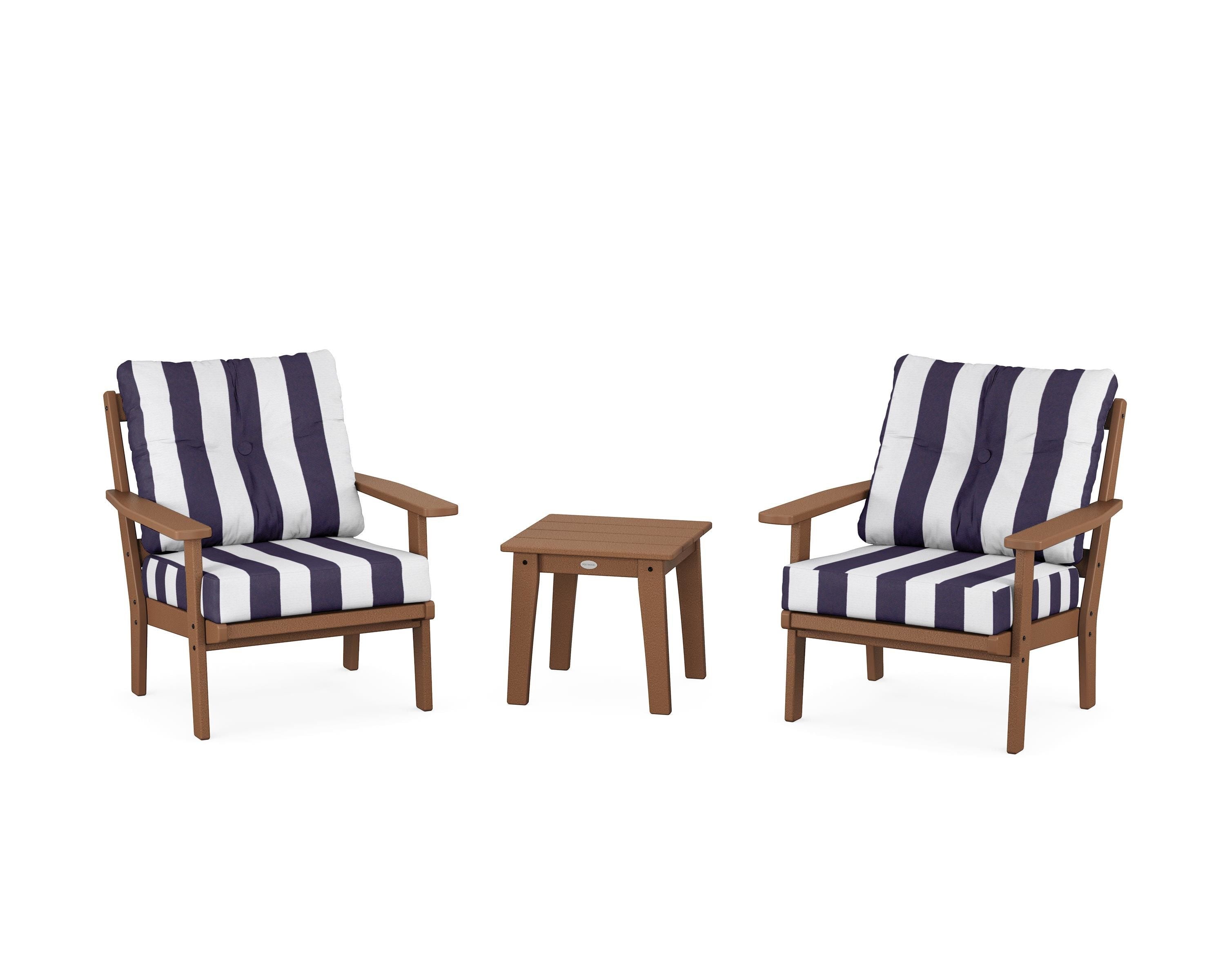 POLYWOOD® Prairie 3-Piece Deep Seating Set in Teak / Cabana Stripe Navy