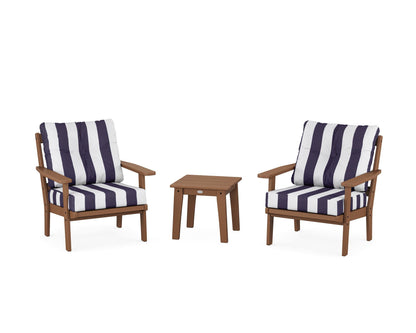 POLYWOOD® Prairie 3-Piece Deep Seating Set in Teak / Cabana Stripe Navy