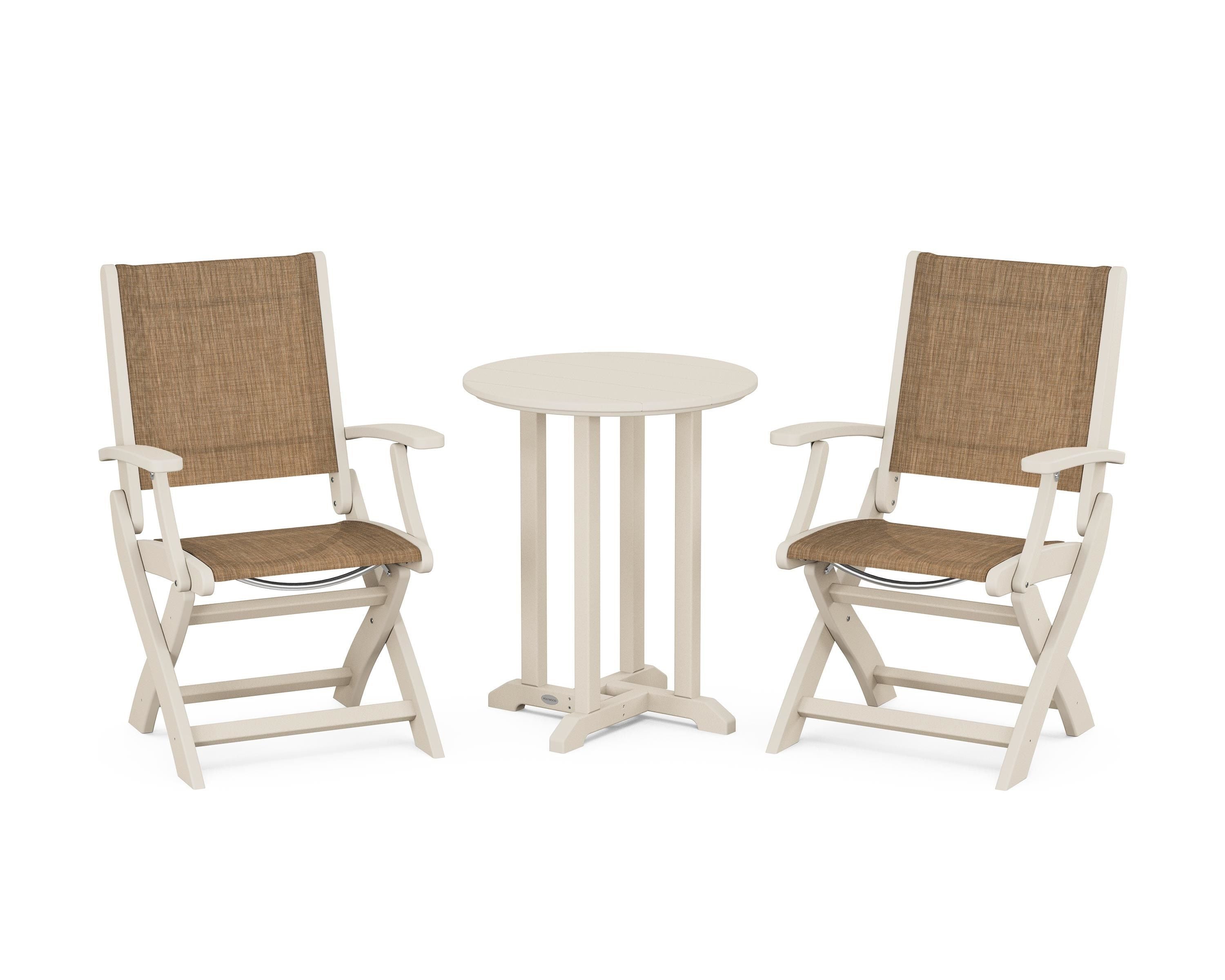 POLYWOOD® Coastal Folding 3-Piece Round Bistro Dining Set in Sand / Burlap Sling