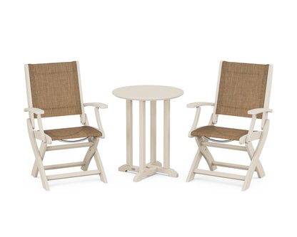 POLYWOOD® Coastal Folding 3-Piece Round Bistro Dining Set in Sand / Burlap Sling