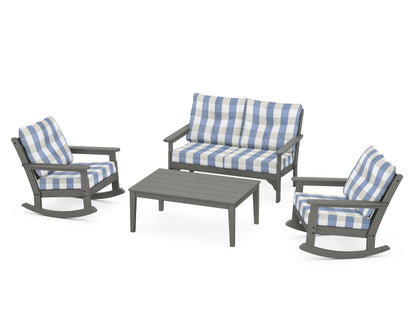 POLYWOOD® Vineyard 4-Piece Deep Seating Rocking Chair Set in Slate Grey / Buffalo Plaid Sky Blue