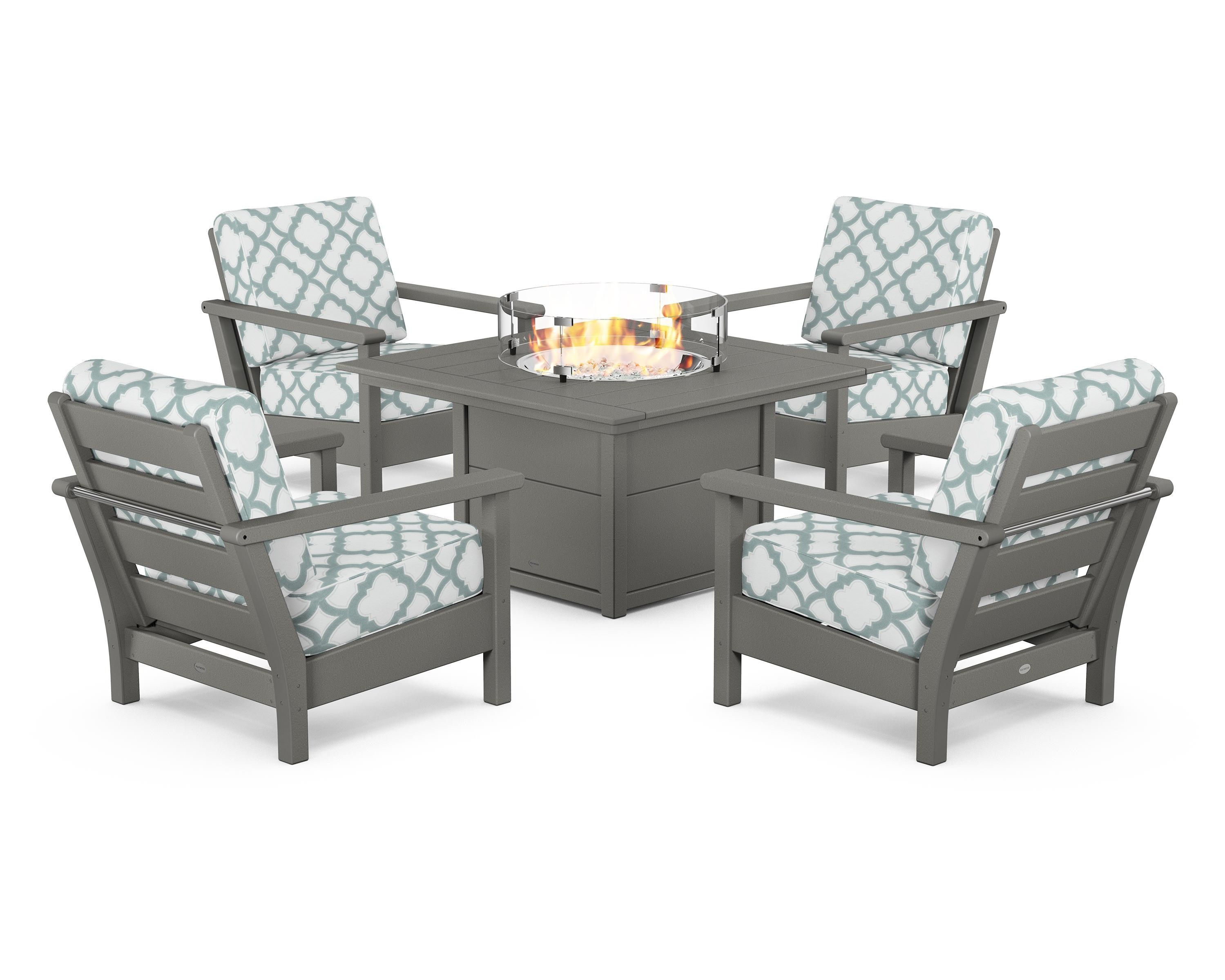POLYWOOD® Harbour 5-Piece Conversation Set with Fire Pit Table in Slate Grey / Trellis Glacier Spa