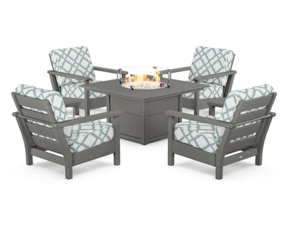 POLYWOOD® Harbour 5-Piece Conversation Set with Fire Pit Table in Slate Grey / Trellis Glacier Spa