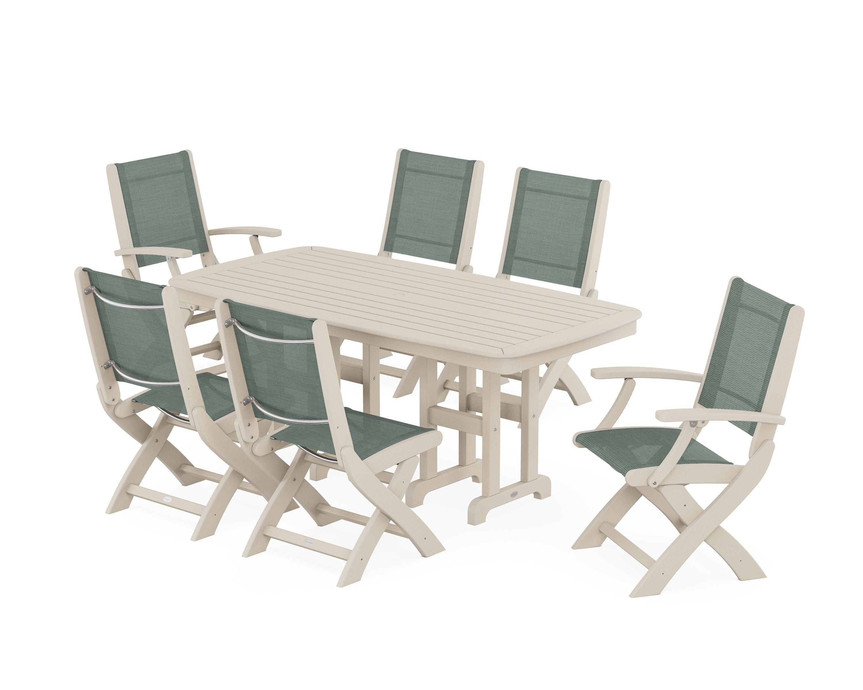 POLYWOOD® Coastal Folding Chair 7-Piece Dining Set in Sand / Dupioni Sea Mist Sling