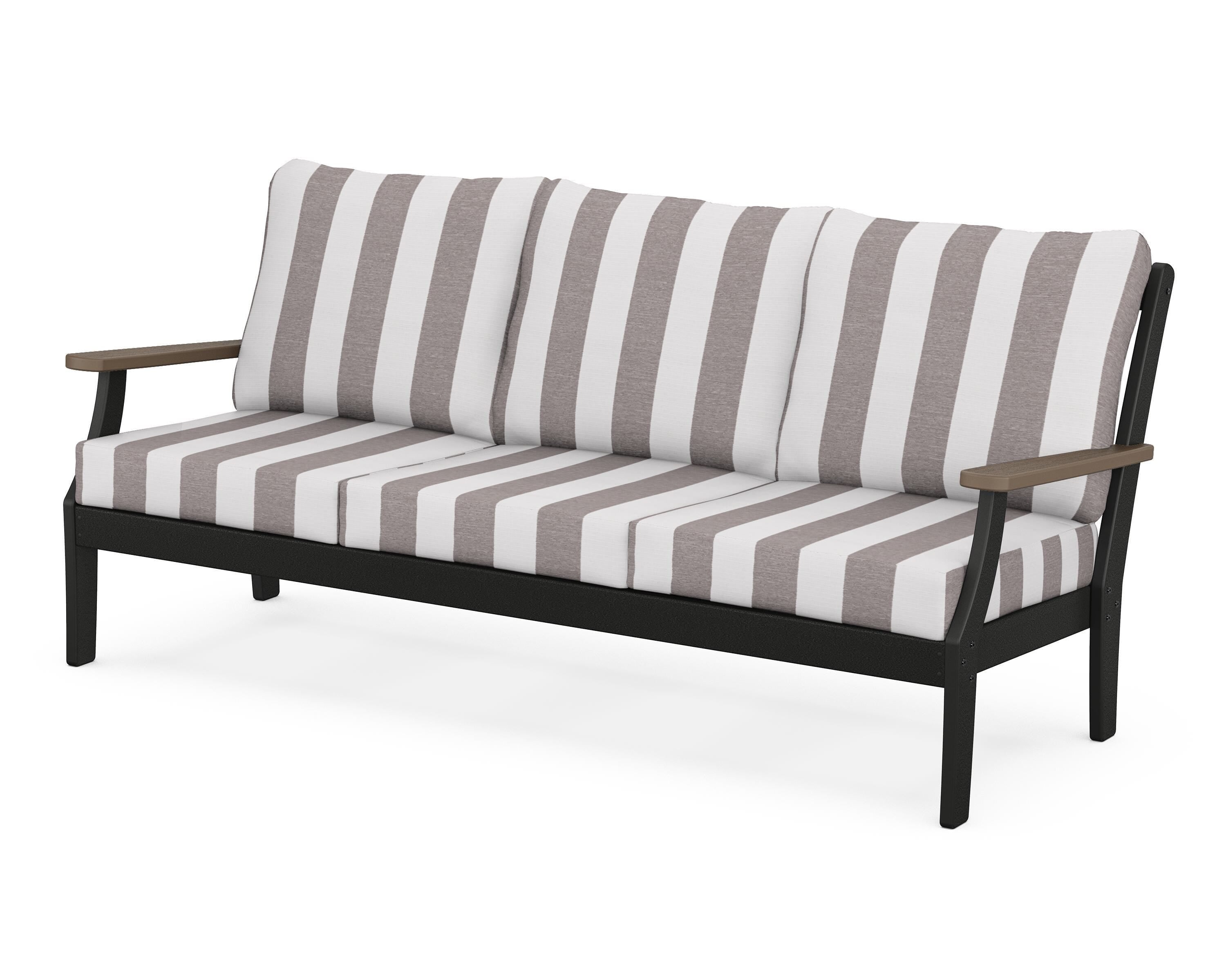 POLYWOOD® Braxton Deep Seating Sofa in Black / Kona / Cabana Stripe Grey Mist