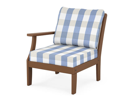 POLYWOOD® Braxton Modular Left Arm Chair in Teak / Buffalo Plaid Sky Blue