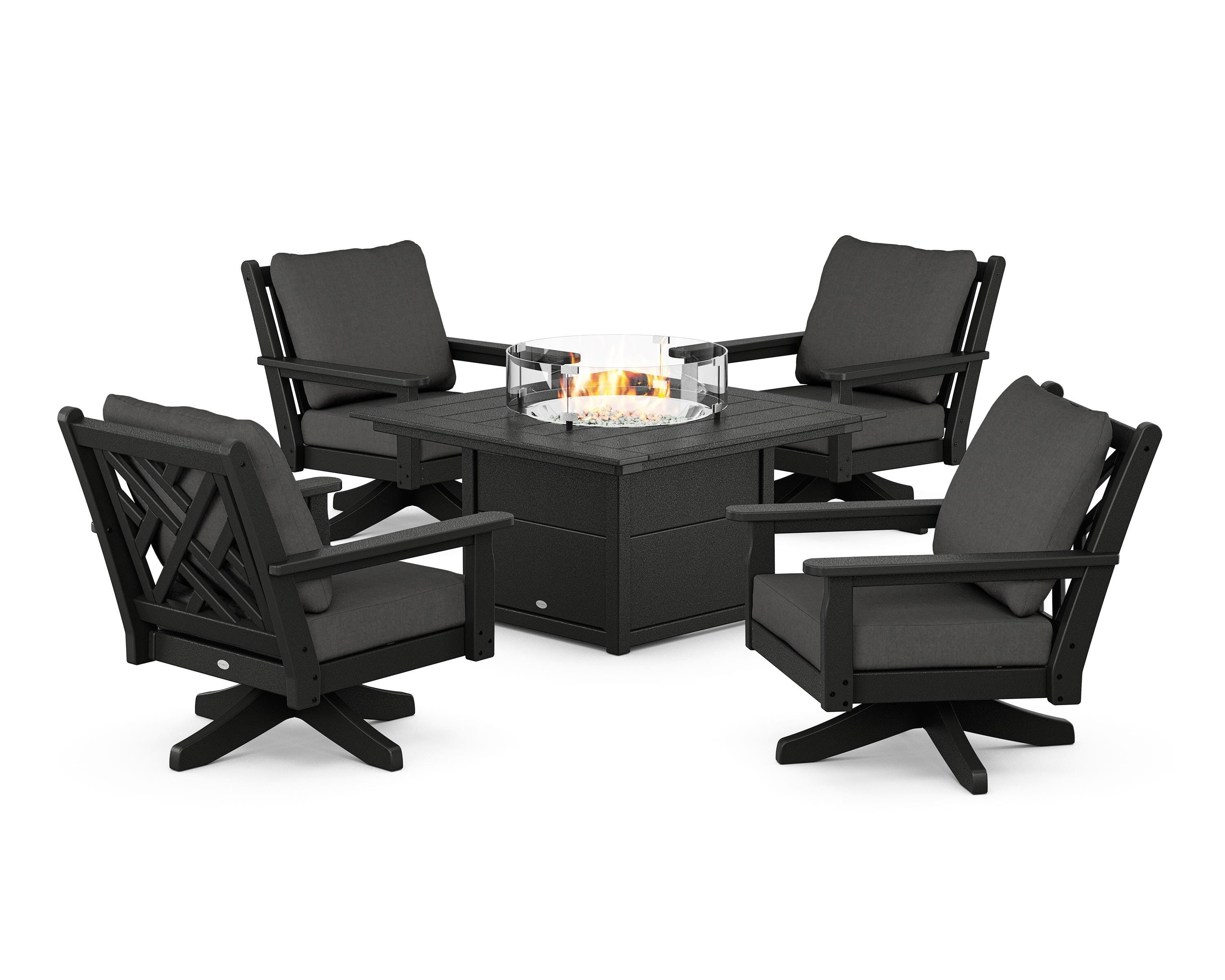 POLYWOOD® Chippendale 5-Piece Deep Seating Swivel Conversation Set with Fire Pit Table in Black / Spectrum Carbon