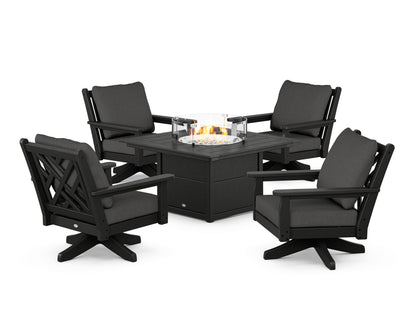 POLYWOOD® Chippendale 5-Piece Deep Seating Swivel Conversation Set with Fire Pit Table in Black / Spectrum Carbon