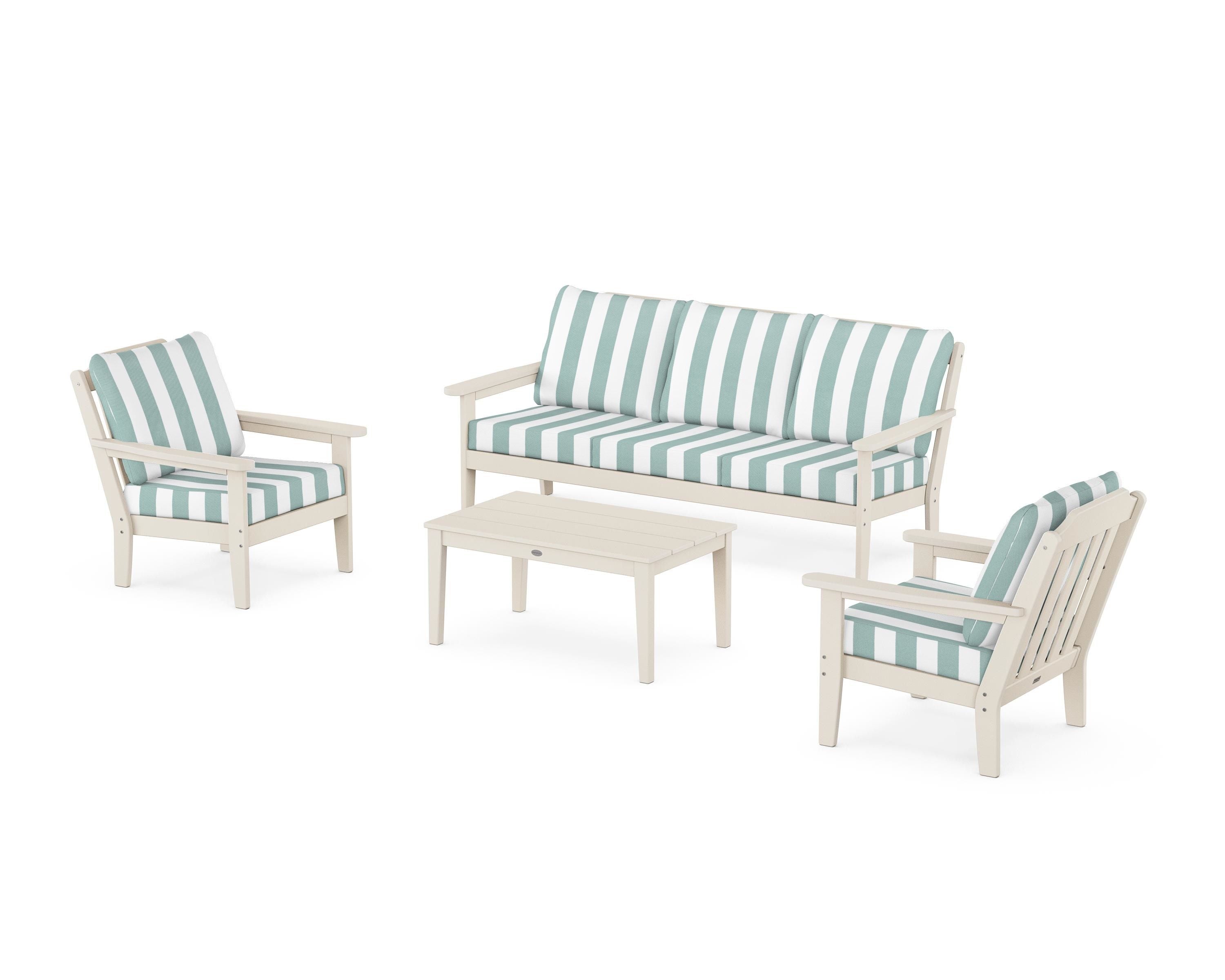 Country Living Cottage 4-Piece Deep Seating Set with Sofa in Sand / Cabana Stripe Glacier Spa