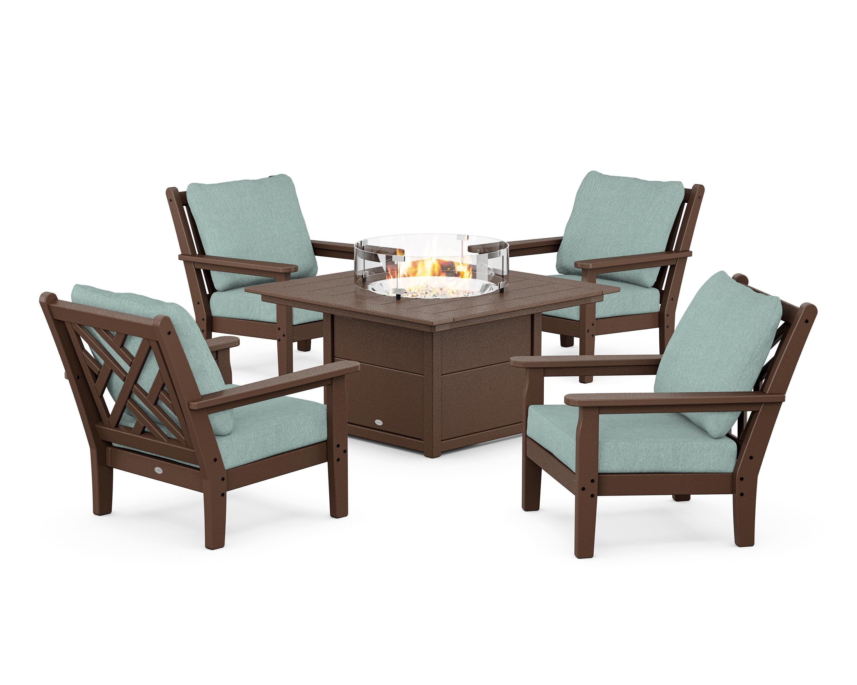 POLYWOOD® Chippendale 5-Piece Deep Seating Set with Fire Pit Table in Mahogany / Glacier Spa