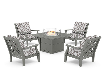 Country Living Wovendale 5-Piece Deep Seating Set with Fire Pit Table in Slate Grey / Trellis Grey Mist