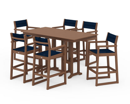 POLYWOOD® EDGE Sling Arm Chair 7-Piece Farmhouse Bar Set in Teak / Navy Blue Sling