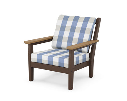 POLYWOOD® Chippendale Deep Seating Chair in Mahogany / Natural / Buffalo Plaid Sky Blue