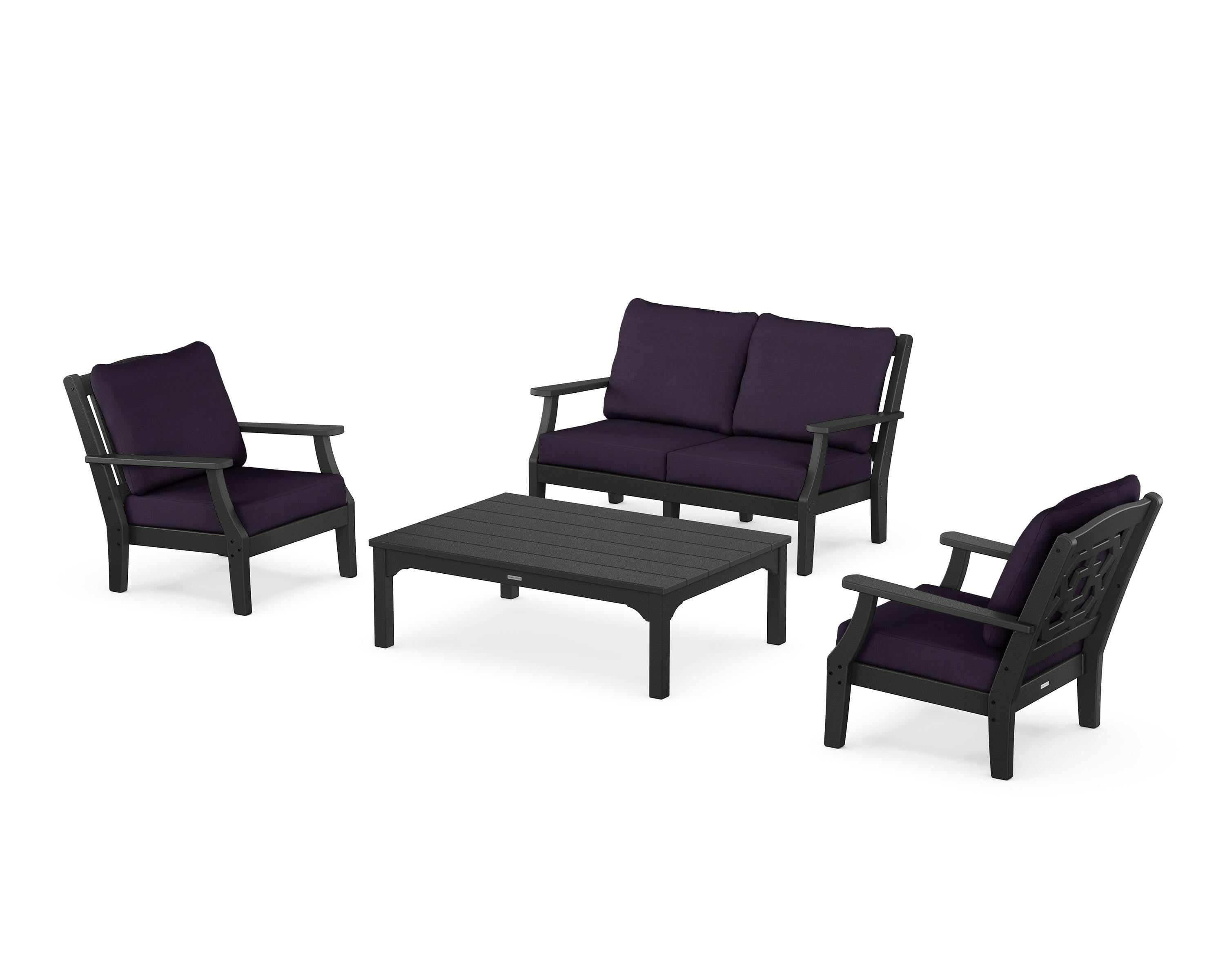 Martha Stewart by POLYWOOD® Chinoiserie 4-Piece Deep Seating Set with Loveseat in Black / Navy Linen