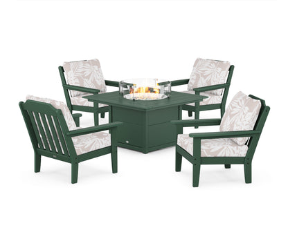 Country Living Cottage 5-Piece Deep Seating Set with Fire Pit Table in Green / Leaf Dune Burlap
