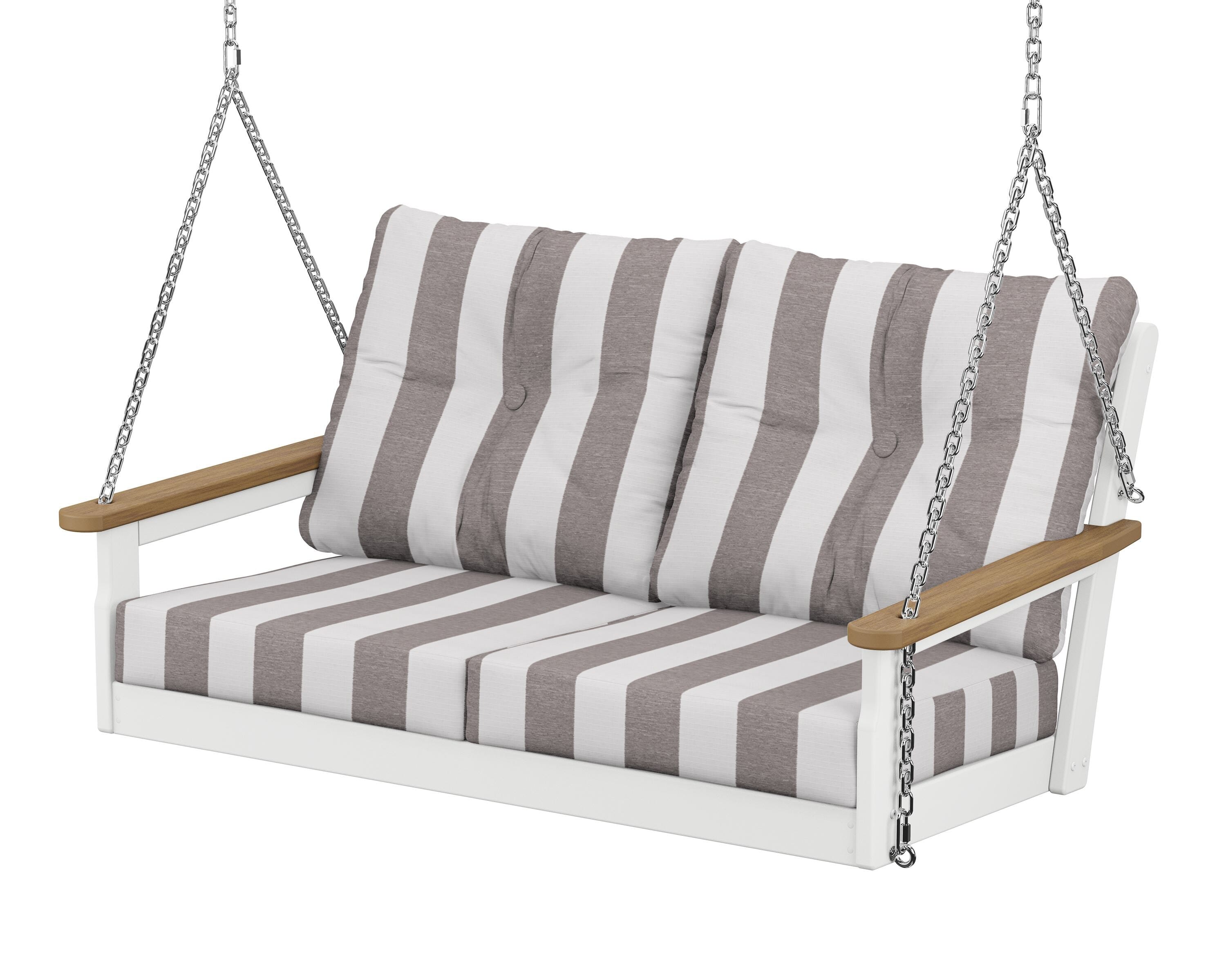 POLYWOOD® Vineyard Deep Seating Swing in White / Natural / Cabana Stripe Grey Mist