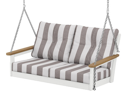 POLYWOOD® Vineyard Deep Seating Swing in White / Natural / Cabana Stripe Grey Mist