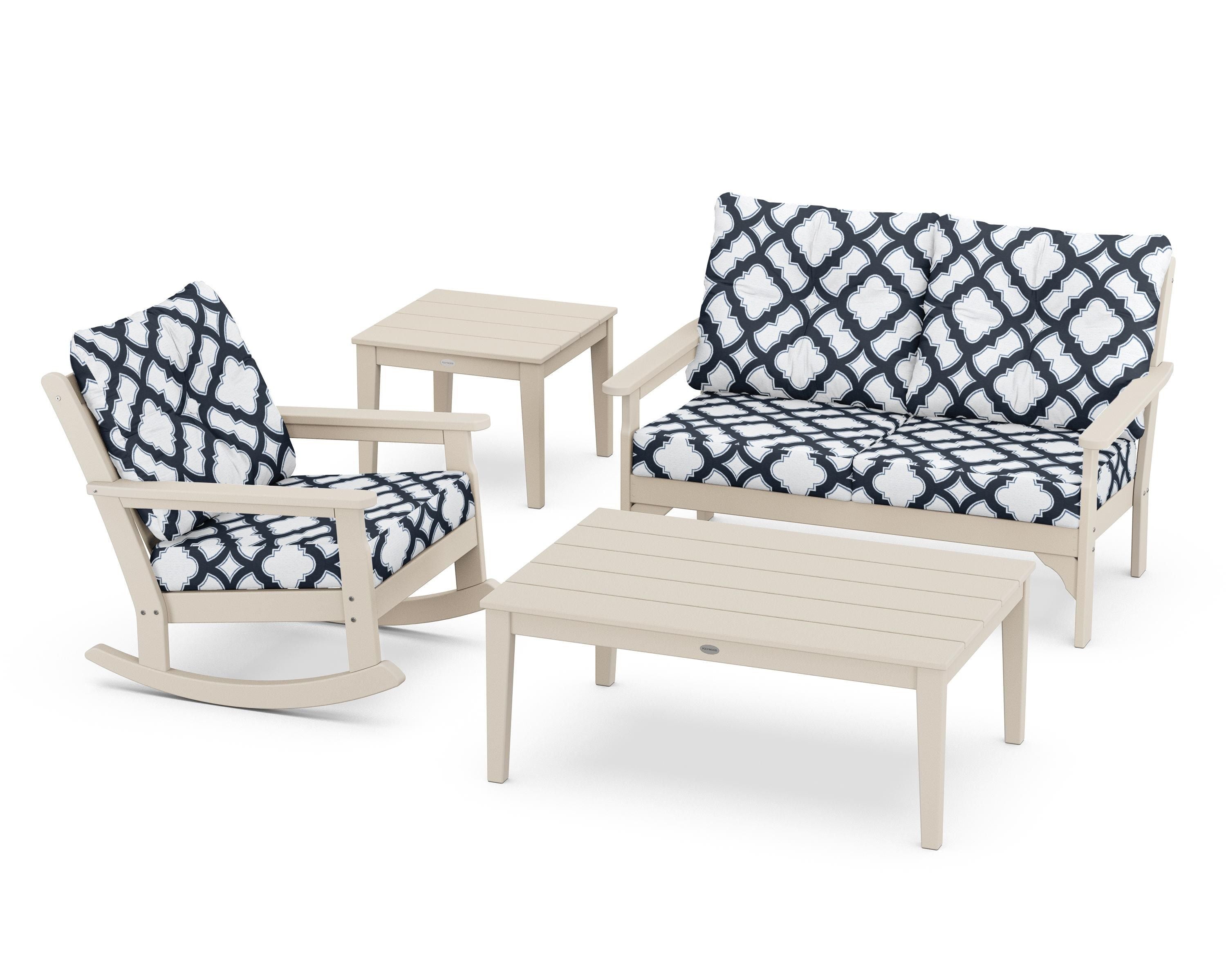 POLYWOOD® Vineyard 4-Piece Deep Seating Rocker Set in Sand / Trellis Marine Indigo