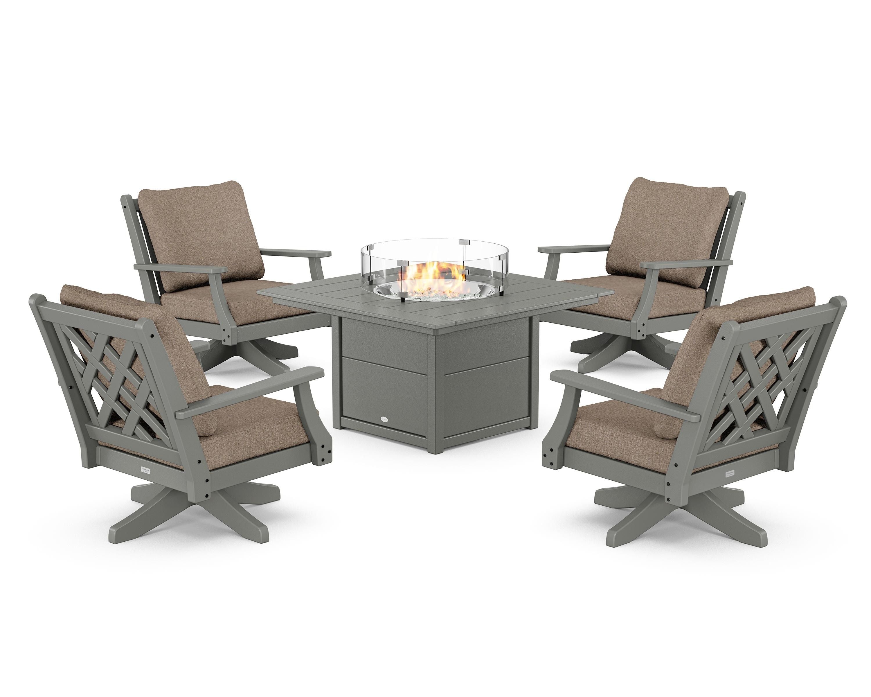 Country Living Wovendale 5-Piece Deep Seating Swivel Conversation Set with Fire Pit Table in Slate Grey / Spiced Burlap