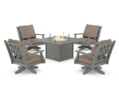 Country Living Wovendale 5-Piece Deep Seating Swivel Conversation Set with Fire Pit Table in Slate Grey / Spiced Burlap