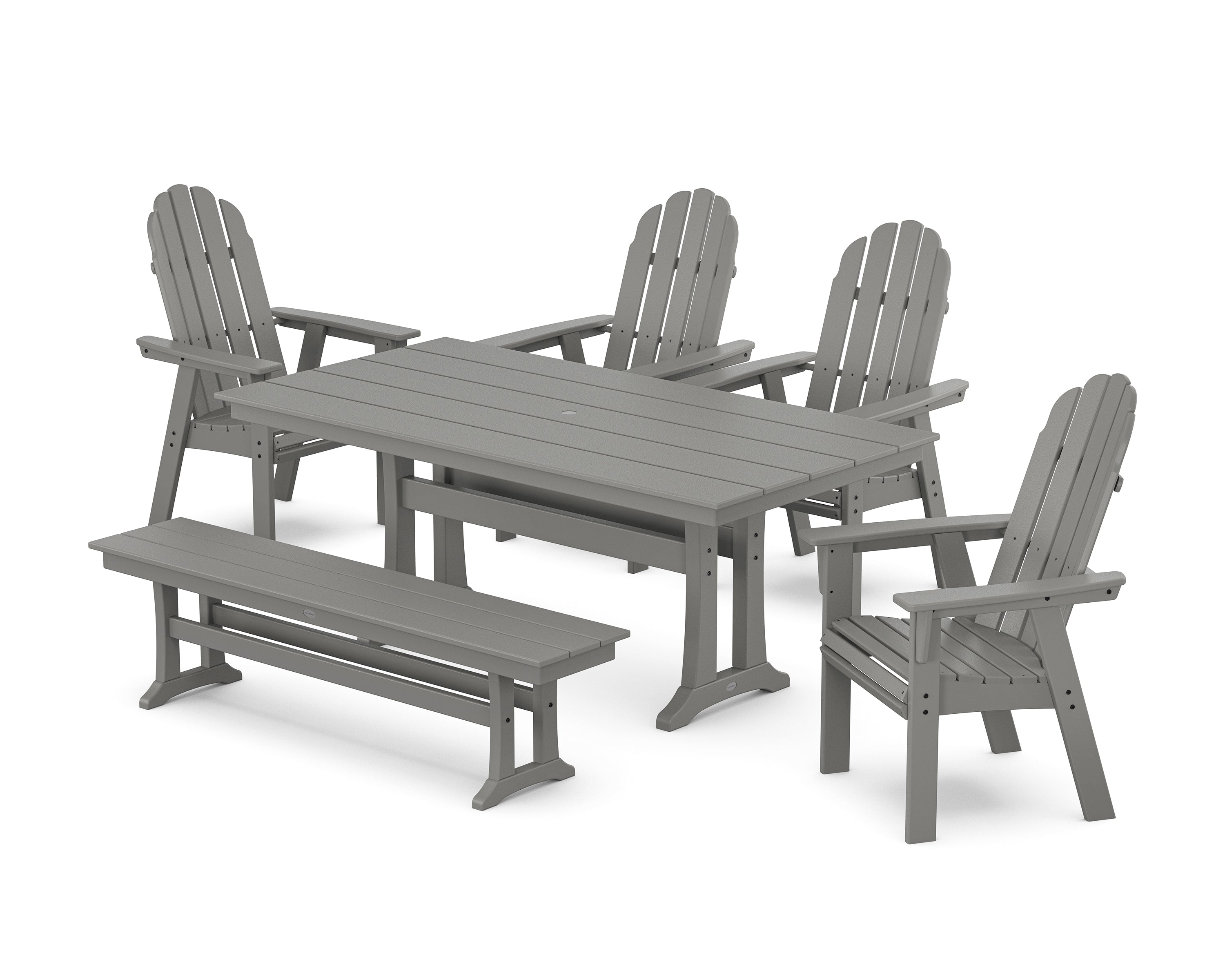 POLYWOOD® Vineyard Curveback Adirondack Chair 6-Piece Farmhouse Dining Set with Trestle Legs and Bench in Slate Grey