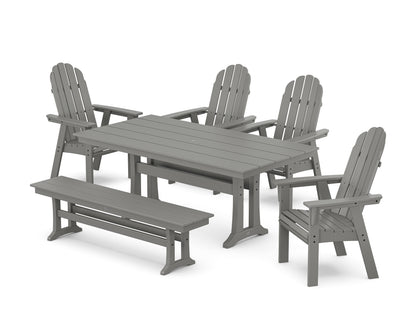 POLYWOOD® Vineyard Curveback Adirondack Chair 6-Piece Farmhouse Dining Set with Trestle Legs and Bench in Slate Grey