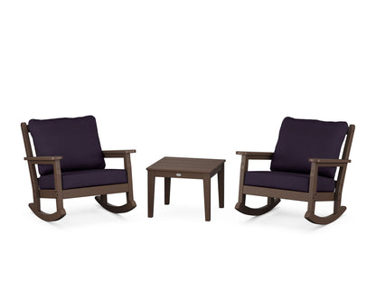 POLYWOOD® Chippendale 3-Piece Deep Seating Rocker Set in Mahogany / Navy Linen