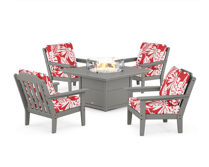 Country Living Cottage 5-Piece Deep Seating Set with Fire Pit Table in Slate Grey / Leaf Crimson