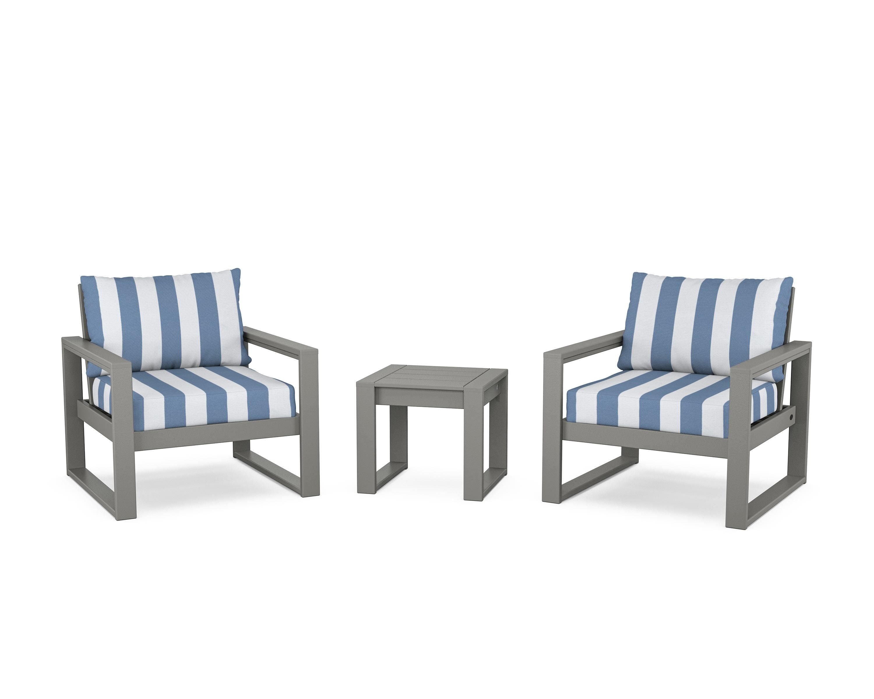 POLYWOOD® EDGE Sectional 3-Piece Deep Seating Set in Slate Grey / Cabana Stripe Sky Blue