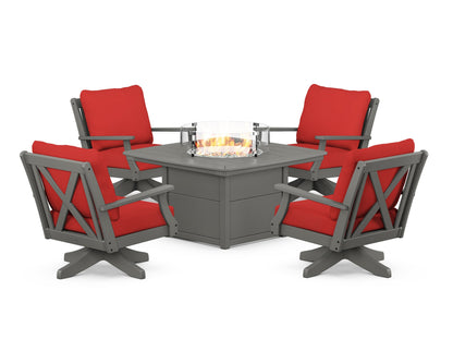 POLYWOOD® Braxton 5-Piece Deep Seating Swivel Conversation Set with Fire Pit Table in Slate Grey / Crimson Linen