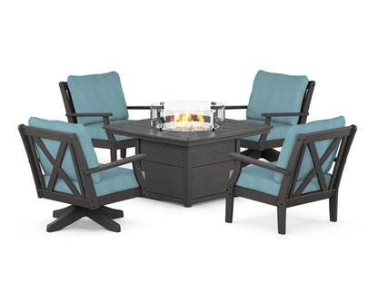 POLYWOOD® Braxton 5-Piece Deep Seating Set with Fire Table in Vintage Coffee / Lattice Sky Blue