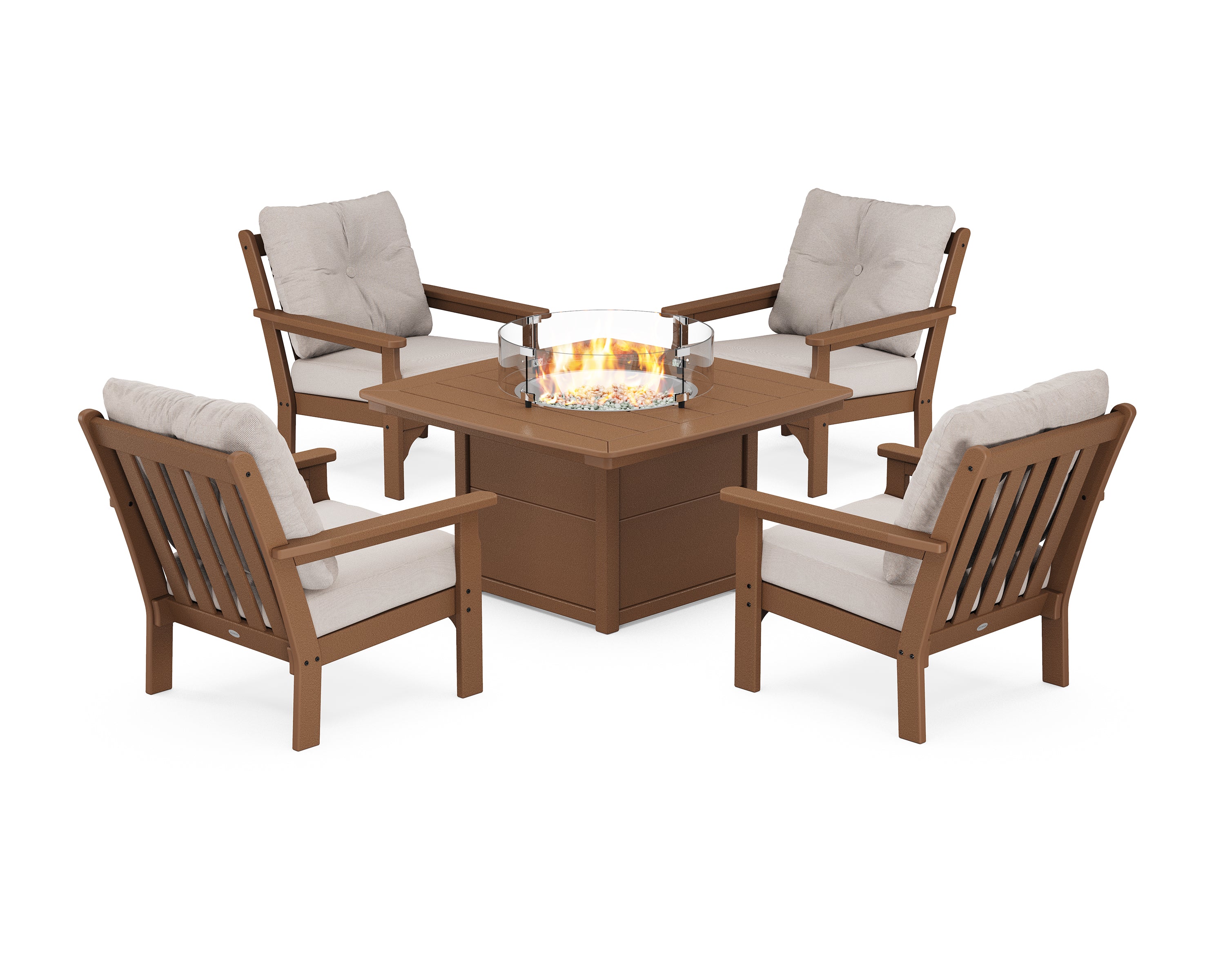POLYWOOD® Vineyard 5-Piece Conversation Set with Fire Pit Table in Teak / Dune Burlap