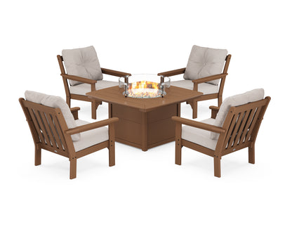 POLYWOOD® Vineyard 5-Piece Conversation Set with Fire Pit Table in Teak / Dune Burlap