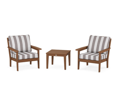 Country Living Cottage 3-Piece Deep Seating Set in Teak / Cabana Stripe Grey Mist