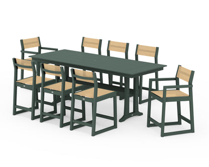 POLYWOOD® EDGE Sling 9-Piece Farmhouse Counter Set with Trestle Legs in Green / Dupioni Apricot Sling
