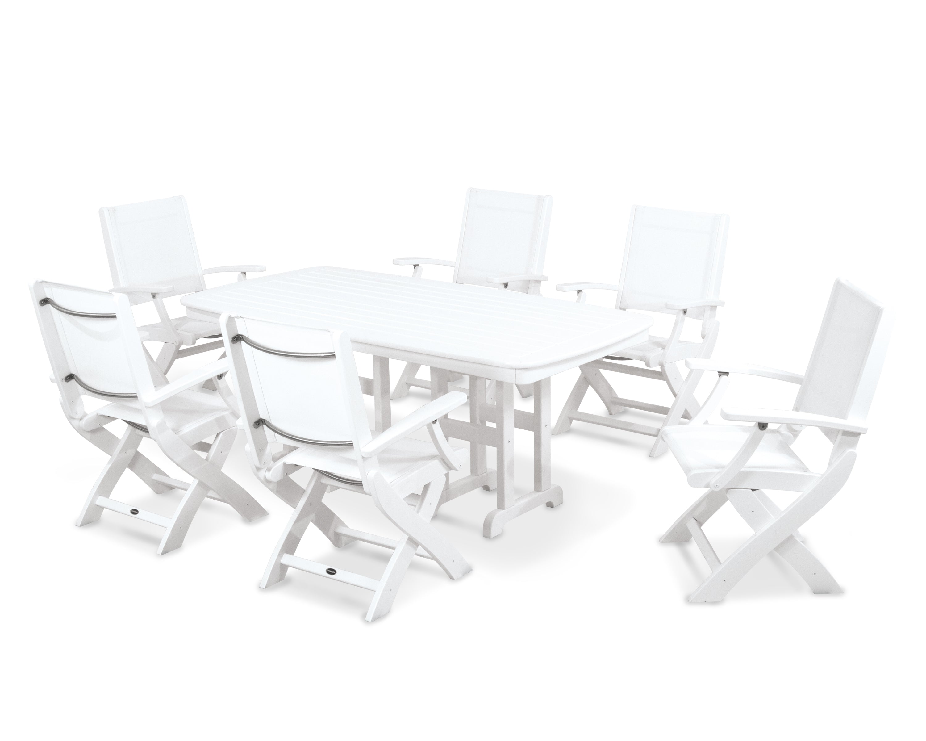 POLYWOOD® Coastal Folding Arm Chair 7-Piece Dining Set in White / White Sling