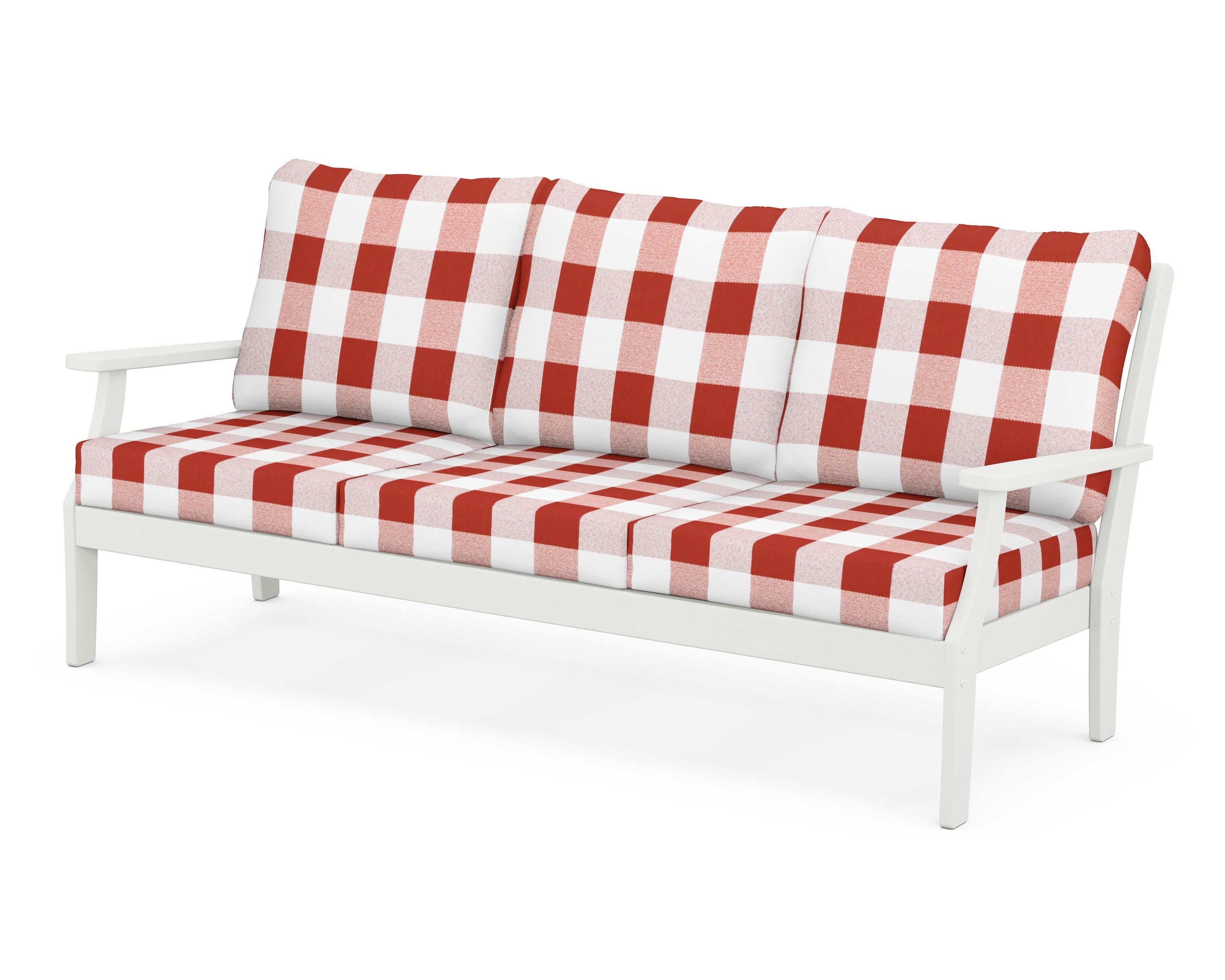 POLYWOOD® Braxton Deep Seating Sofa in Vintage White / Buffalo Plaid Crimson