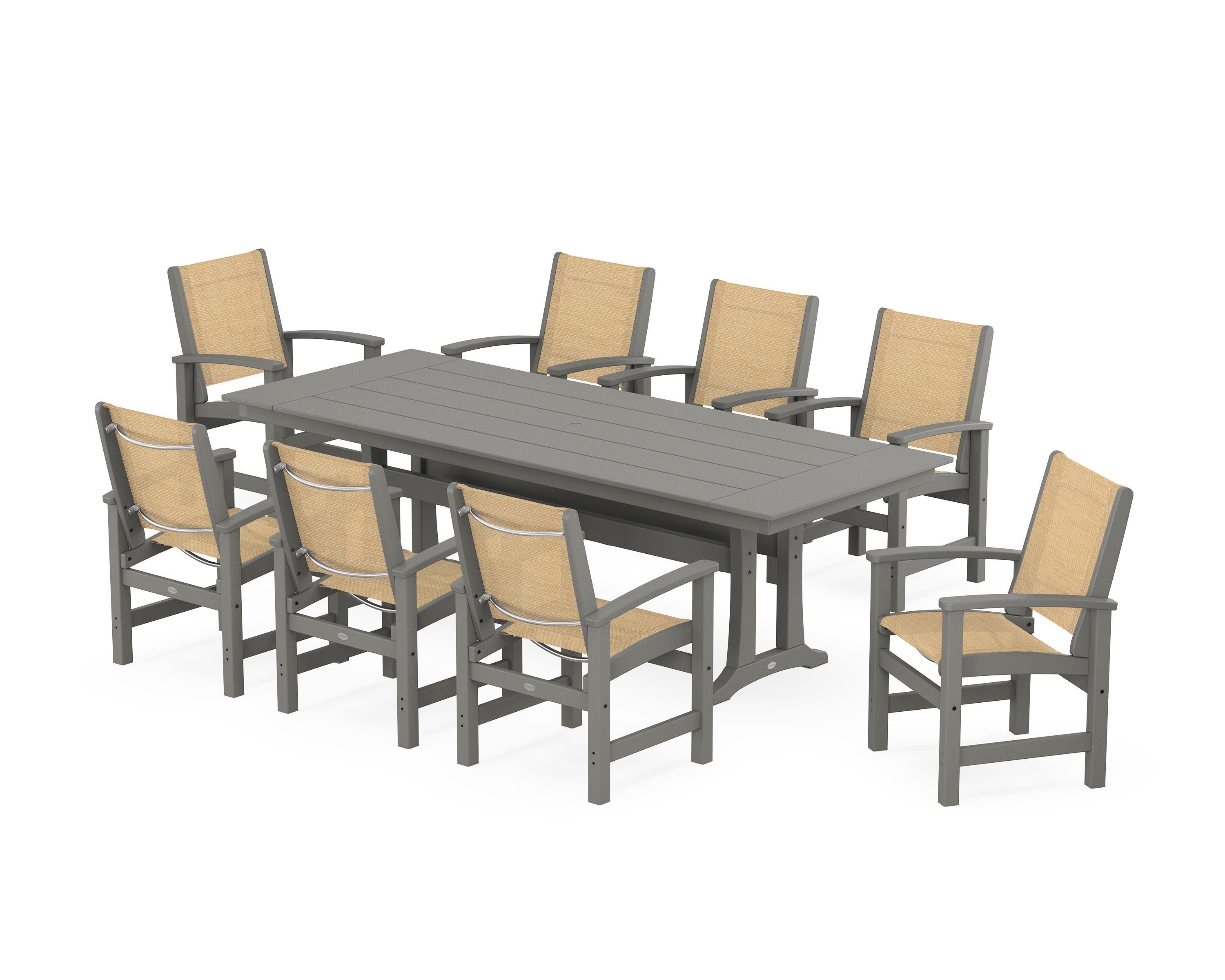 POLYWOOD® Coastal 9-Piece Farmhouse Dining Set with Trestle Legs in Slate Grey / Dupioni Apricot Sling