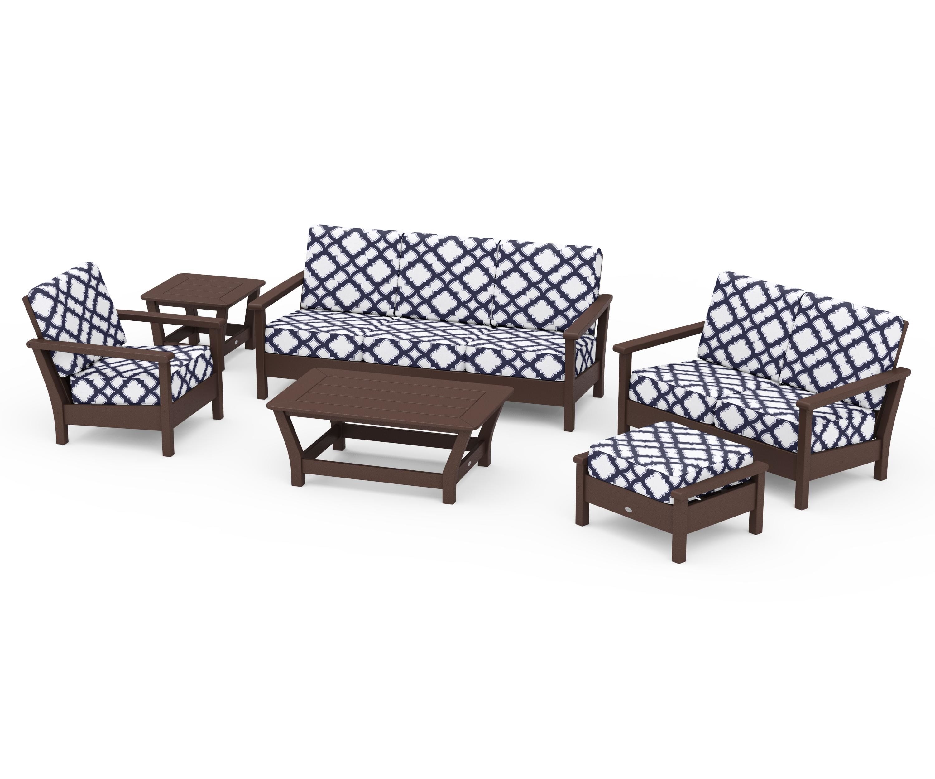 POLYWOOD® Harbour 6-Piece Outdoor Living Set in Mahogany / Trellis Navy
