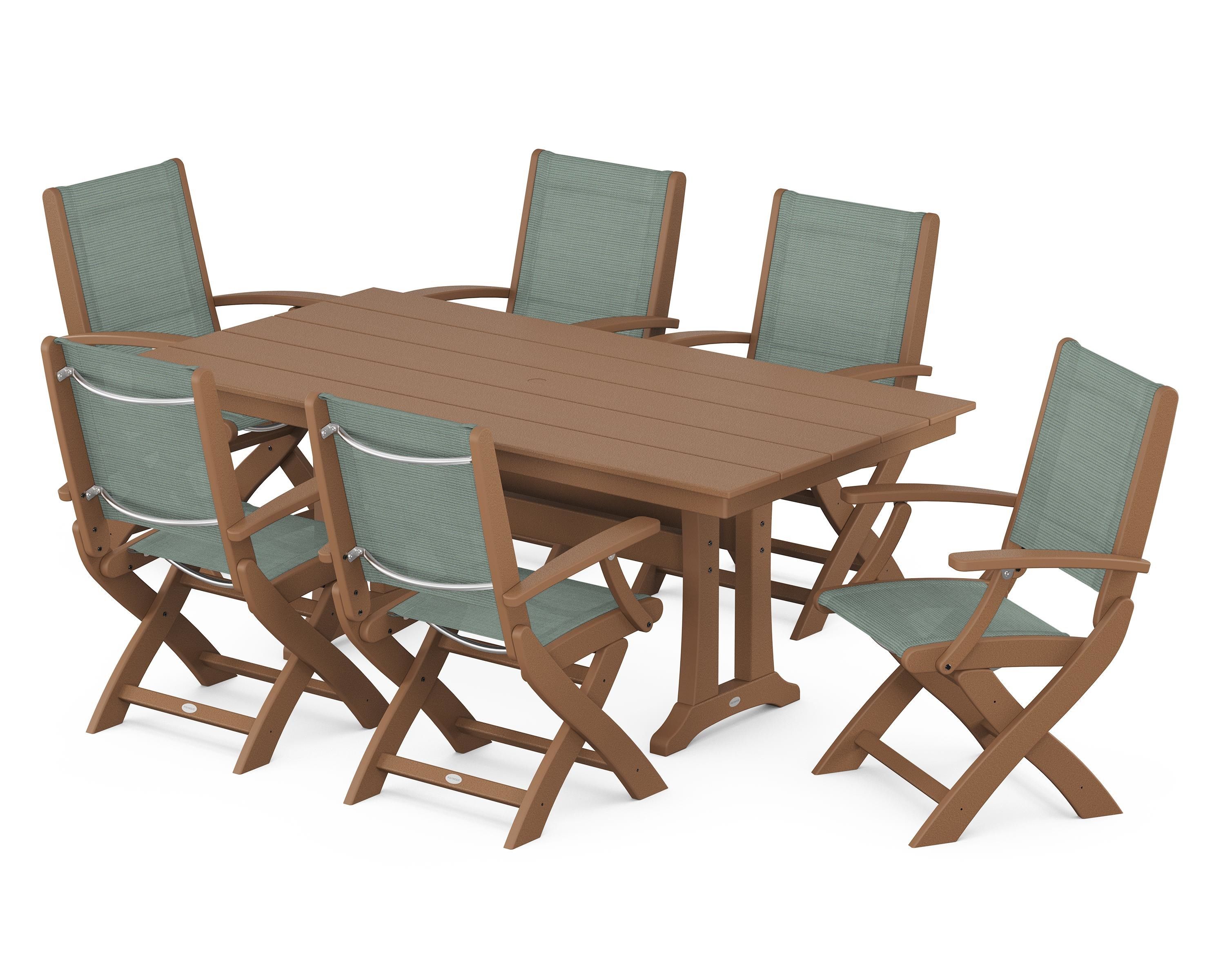 POLYWOOD® Coastal Folding Arm Chair 7-Piece Farmhouse Dining Set with Trestle Legs in Teak / Dupioni Sea Mist Sling