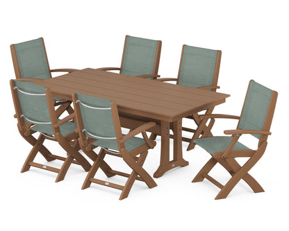 POLYWOOD® Coastal Folding Arm Chair 7-Piece Farmhouse Dining Set with Trestle Legs in Teak / Dupioni Sea Mist Sling